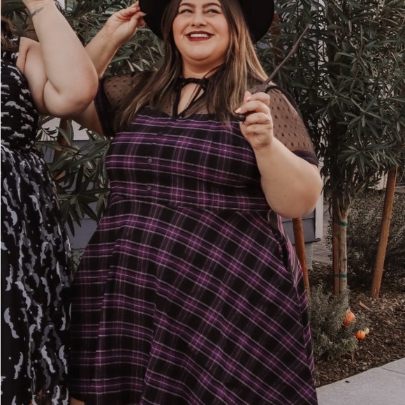 Unique Vintage Purple Plaid Fit-and-Flare Dress with Sheer Polka Dot Yoke - Picture 3 of 3